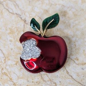 Shiny Red Apple Brooch Enamel Rhinestones Gold Tone Base Pin